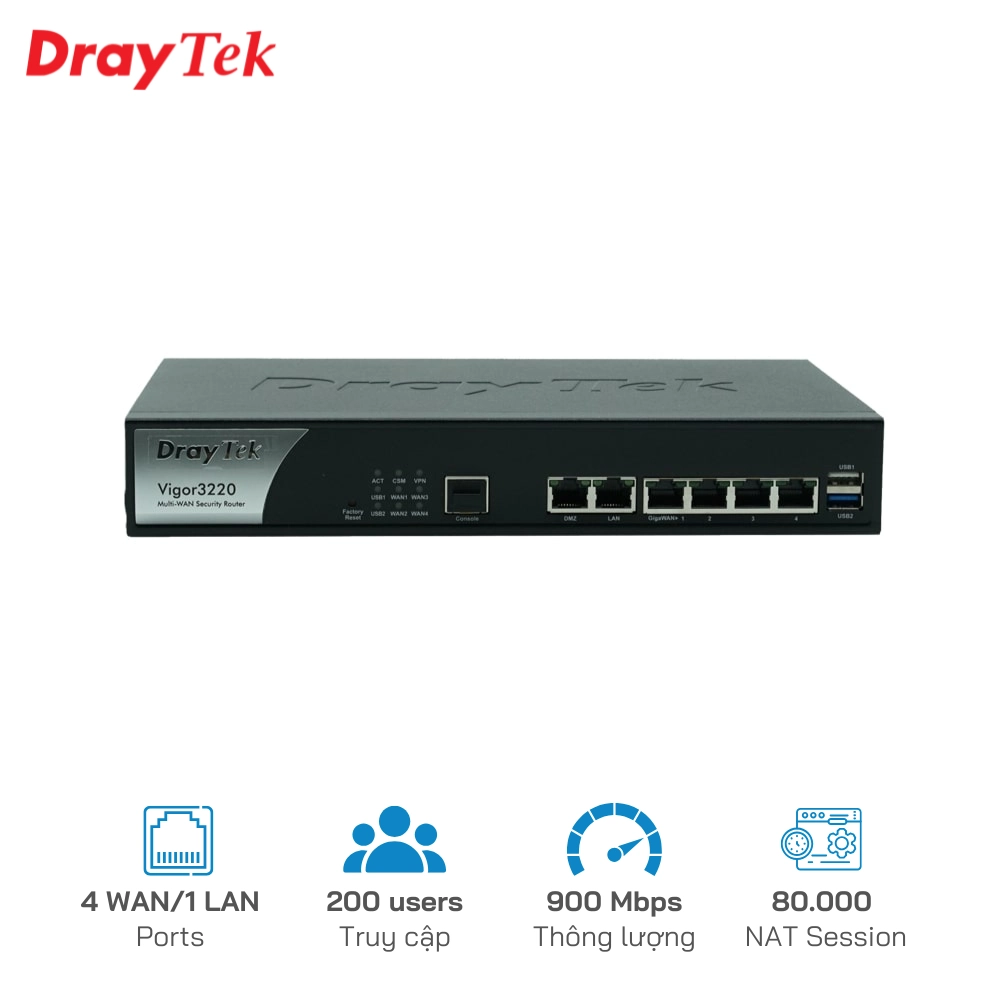 Router Draytek Vigor 3220 chịu tải lên đến 200 user