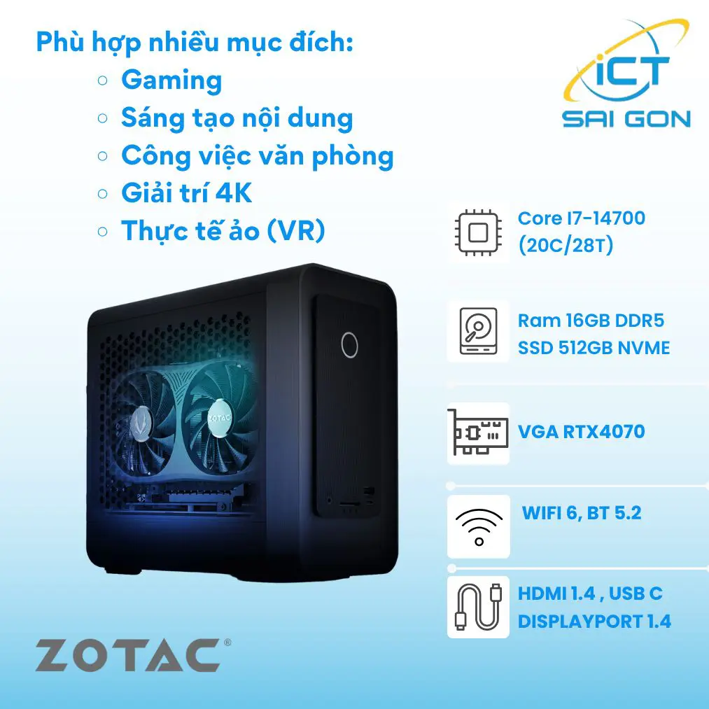 Mini PC Zotac MAGNUS ONE CPU I7-14700, Ram 16GB DDR5, SSD 512GB, WIFI+BT, HDMI, DisplayPort, USB-C, ZBOX-ERP74070SC-BE1