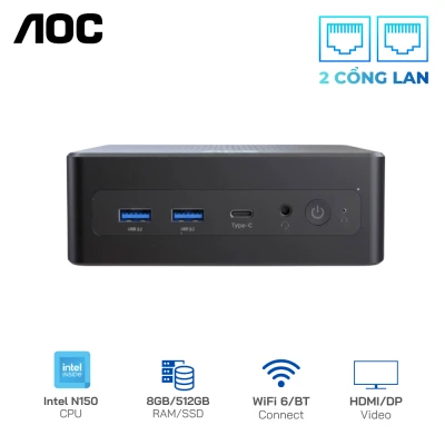 Mini PC AOC Moss M3 N150 Custom (8GB DDR4/ 512GB M.2 / WIFI 6+ Bluetooth/ 2 cổng LAN 2.5Gbps)