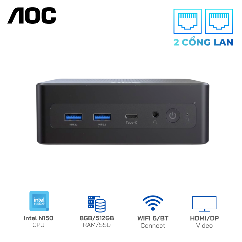 Mini PC AOC Moss M3 N150 Custom (8GB DDR4/ 512GB M.2 / WIFI 6+ Bluetooth/ 2 cổng LAN 2.5Gbps)