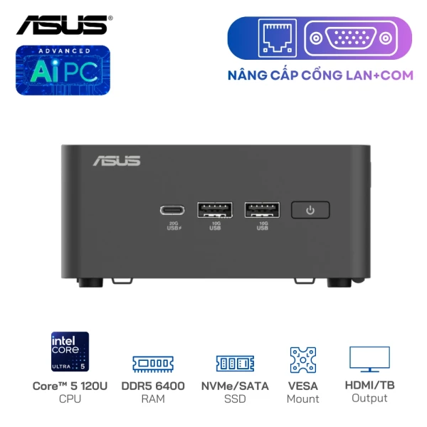 Máy Tính Công Nghiệp Asus NUC 15 Pro Tall (Dual LAN/COM) - Core 5 120U/RAM DDR5-6400/SSD NVMe/Xuất hình: HDMI/Thunderbol