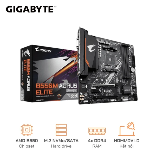 Mainboard Gigabyte B550M AORUS ELITE (Socket AM4, m-ATX, 4 khe RAM DDR4, 1 x DVI-D, 1 x HDMI)