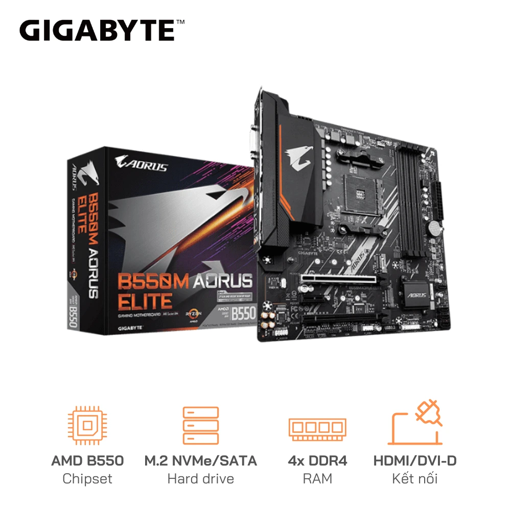 Mainboard Gigabyte B550M AORUS ELITE (Socket AM4, m-ATX, 4 khe RAM DDR4, 1 x DVI-D, 1 x HDMI)