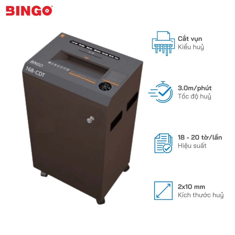Máy hủy tài liệu Bingo 168 CDT, hủy vụn 18-20 Tờ/Lần, hủy công nghiệp liên tục 25-50 phút, Tốc độ cắt: 3m / phút