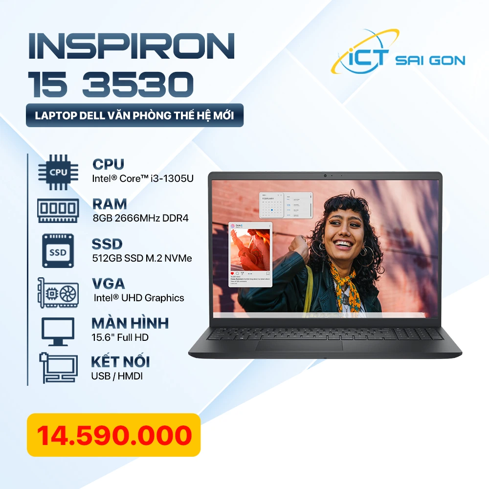 Laptop Dell Inspiron 15 3530 i3-1305U, RAM 8GB DDR4, SSD 512GB NVMe, Màn hình 15.6" FHD