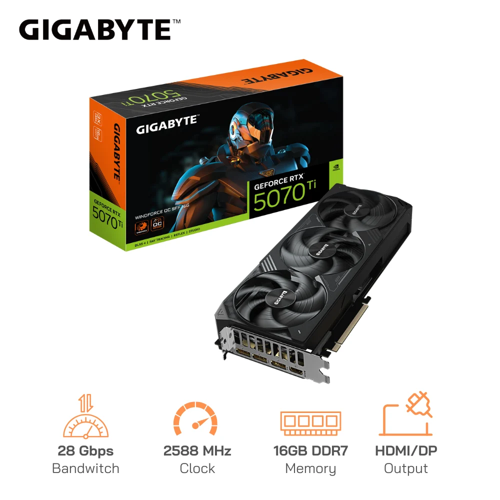 Card màn hình GigaByte GeForce RTX™ 5070 Ti GAMING OC 16G 256bit 2588MHz 28Gbps - Xuất hình: HDMI, DisplayPort