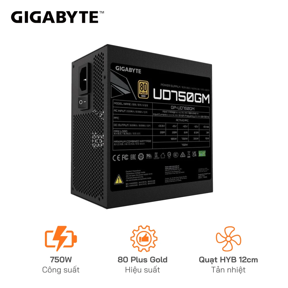 Nguồn GIGABYTE UD750GM - 750W Gold  - Công Suất Thực 90% - Full Modular