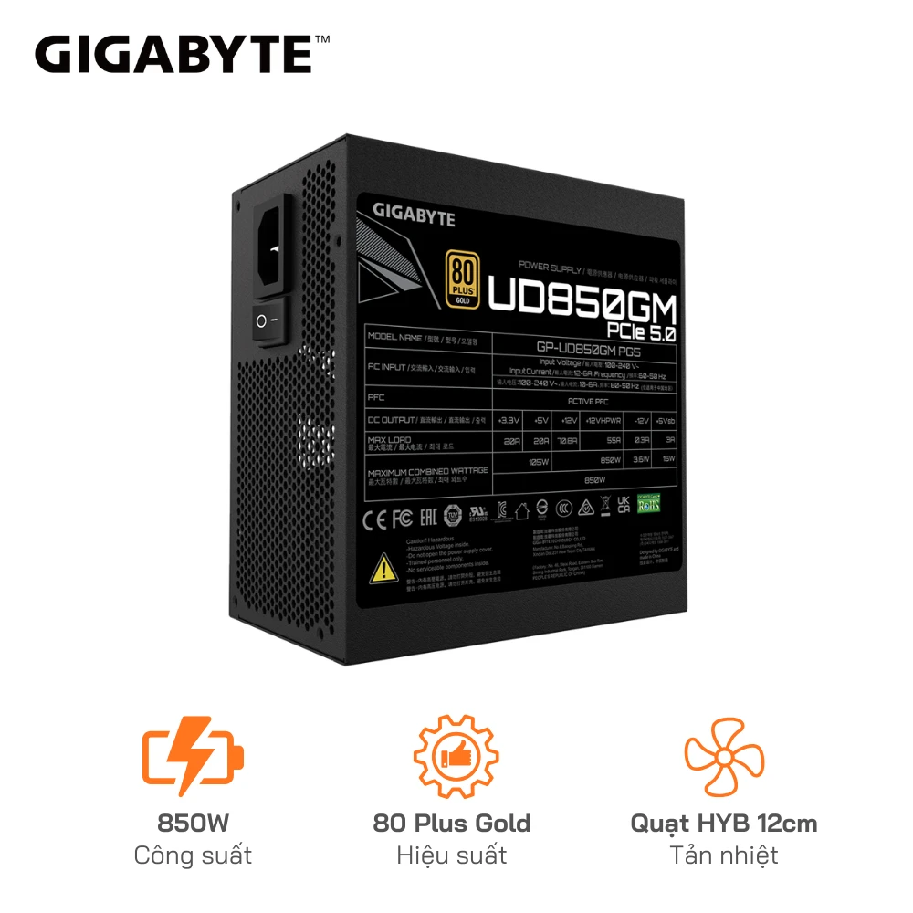 Nguồn GIGABYTE UD850GM PG5 850W Gold - Công Suất Thực 90% - Full Modular - PCIe5