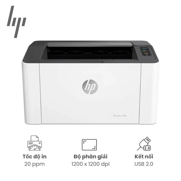 Máy in HP Laser 108w (4ZB80A), in trắng đen, khổ giấy A4/A5 Letter, tốc độ in/ 20 trang/phút, Kết nối: USB 2.0, Wifi