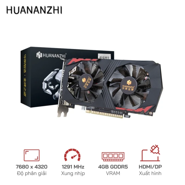 VGA Huananzhi GTX 1050Ti 4G GDDR5 - cổng kết nối: HDMI x1, DVI x1, DisplayPort x1