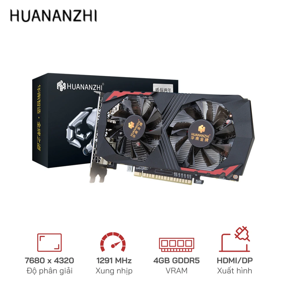 VGA Huananzhi GTX 1050Ti 4G GDDR5 - cổng kết nối: HDMI x1, DVI x1, DisplayPort x1
