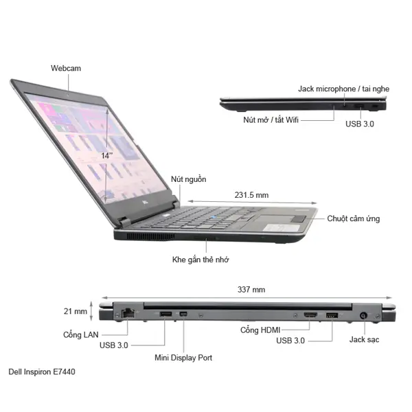 Laptop Dell Latitude E7440 Core I7-4600U, Ram 8GB, SSD 240GB, Màn Hình 14 inch