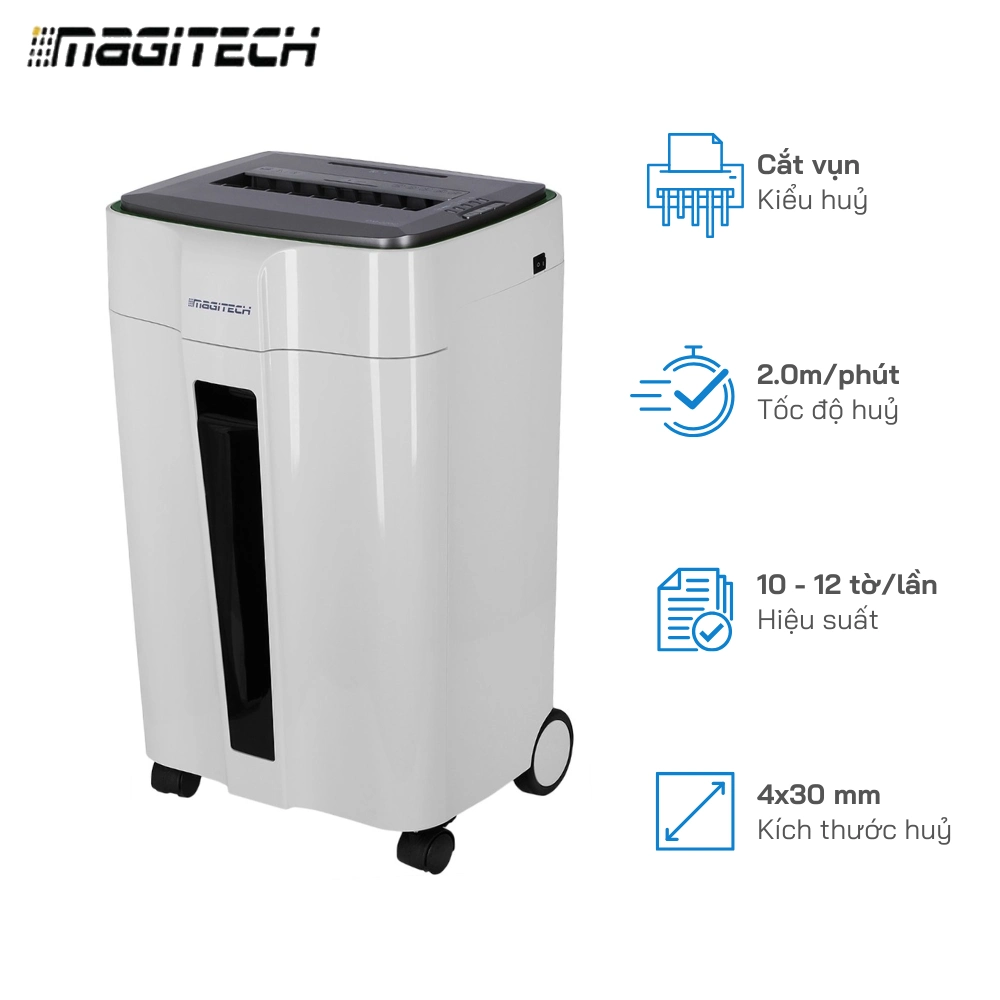 Máy hủy giấy Magitech DM-120C, Hủy Vụn 10-12 Tờ/Lần - Khổ Giấy A4, Tốc độ hủy : 2.0m/min