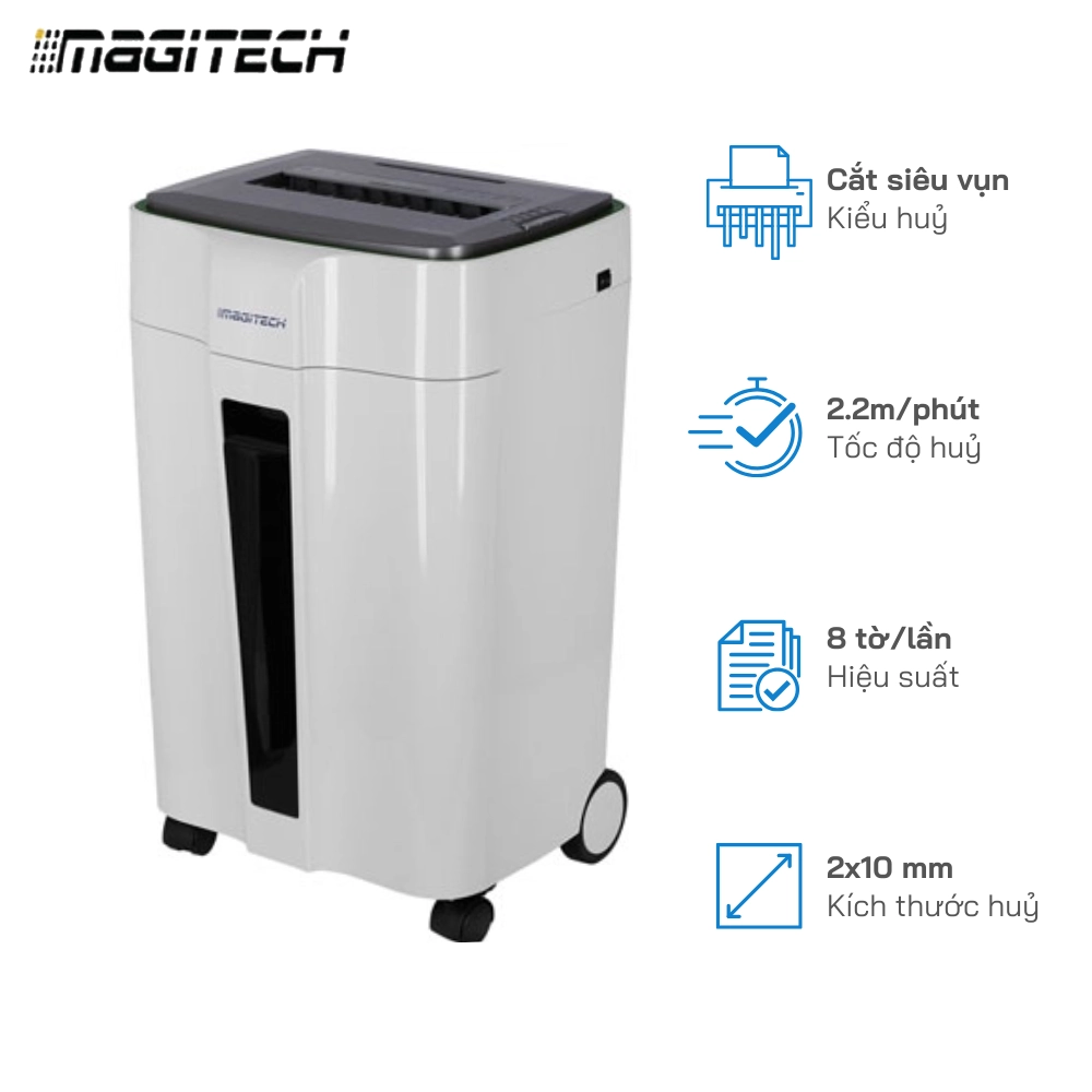 Máy hủy giấy Magitech DM-120M, Hủy siêu vụn 8 tờ/lần - Khổ Giấy A4, Tốc độ hủy 2.2m/min