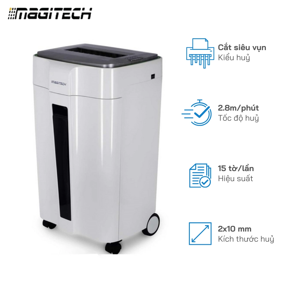 Máy huỷ giấy Magitech DM-300M, Hủy siêu vụn 15 Tờ/Lần - Khổ Giấy A4, Tốc độ hủy: 2.8m/min, Hủy liên tục: 15 phút