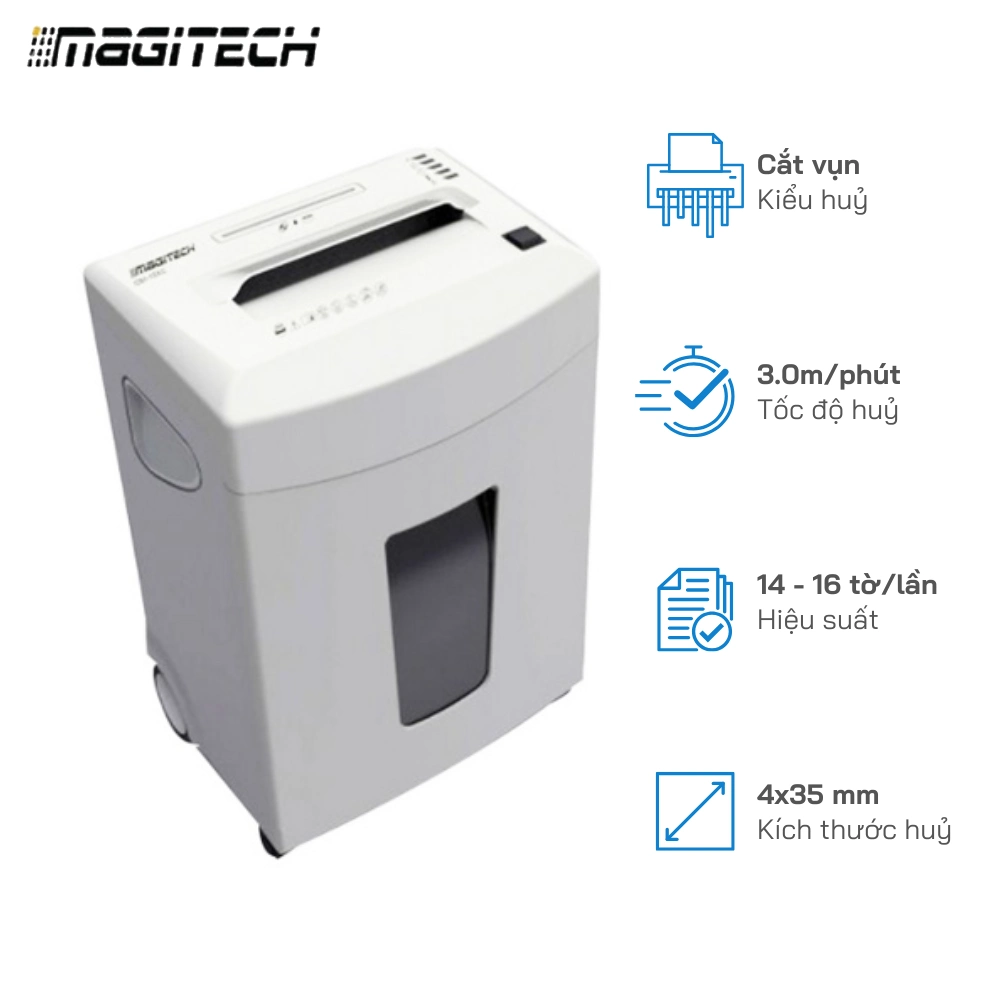 Máy hủy giấy Magitech OM-16XC - Hủy vụn 14-16 Tờ/Lần, Khổ Giấy A4, Tốc độ hủy: 3.0m/min