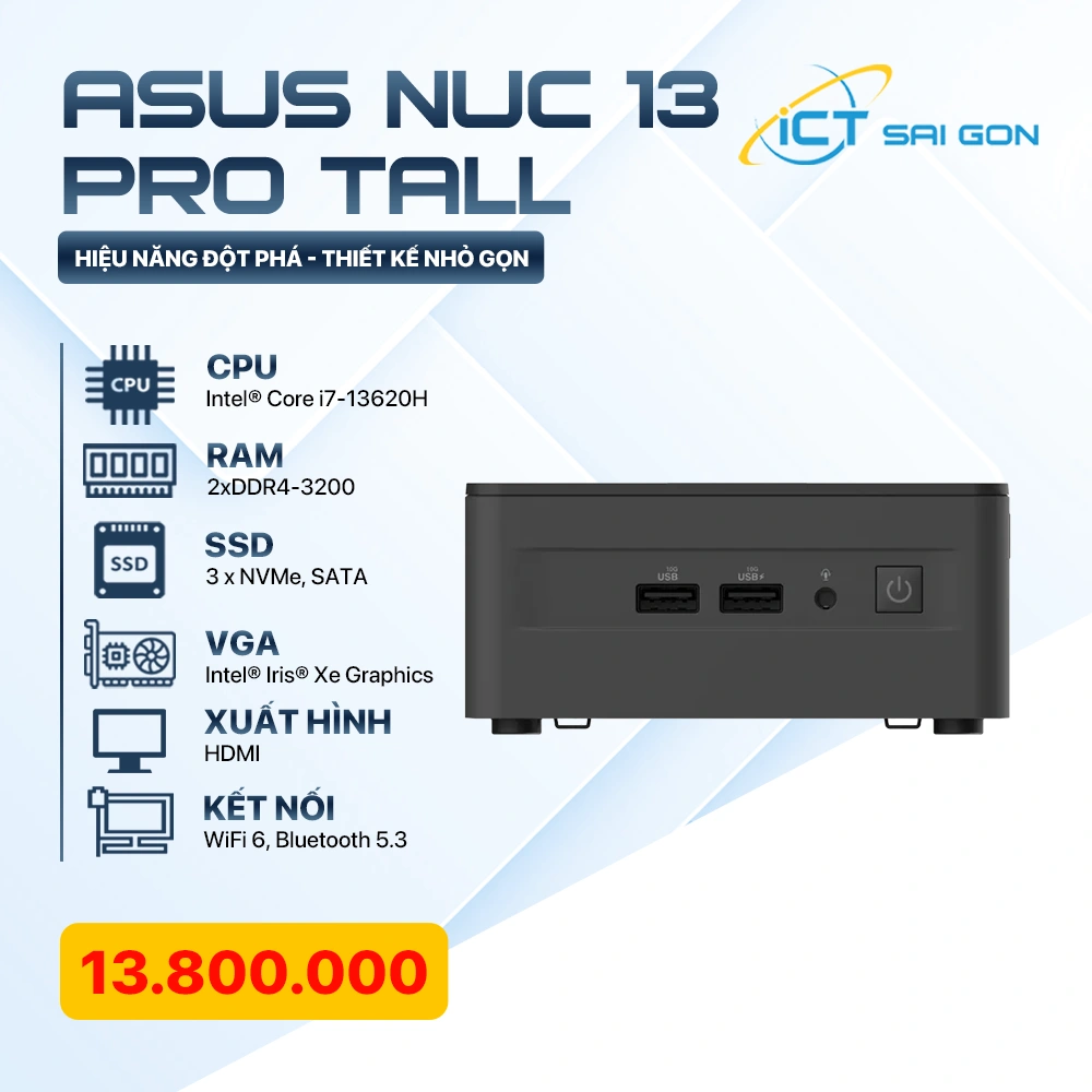 Mini PC ASUS NUC 13 PRO Tall RNUC13ANHH700000I / i7-13620H / 2xDDR4-3200 / 3xNVMe, SATA - Xuất hình: HDMI, Thunderbolt