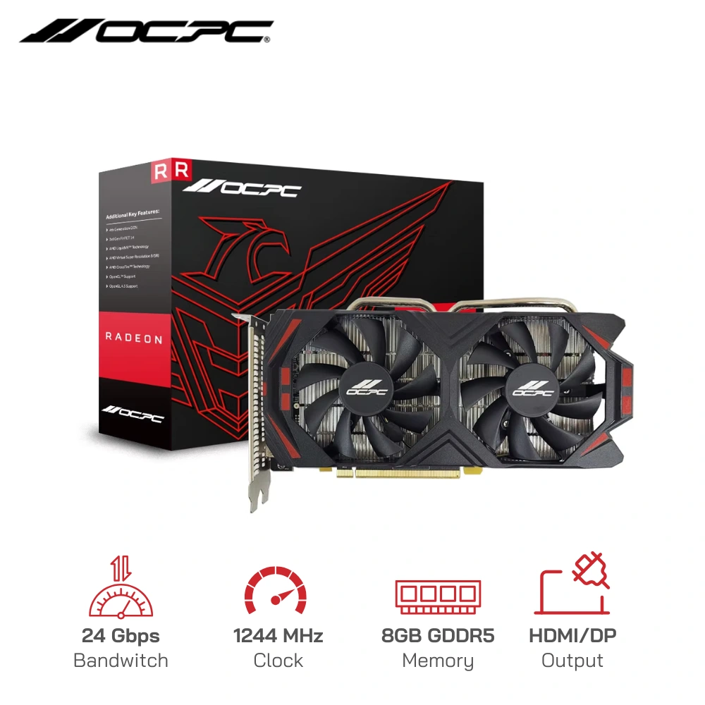 Card màn hình OCPC RX580 8GB GDDR5 256Bit - cổng xuất hình: HDMI x1, DVI x1, DisplayPort x1, 2 quạt, 8-pin