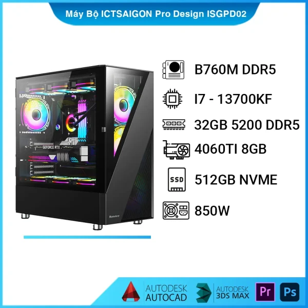 Máy Bộ Vi Tính ICTSAIGON Pro Design Core I7 13700Kf, Ram 32GB, SSD 512GB, VGA 8GB