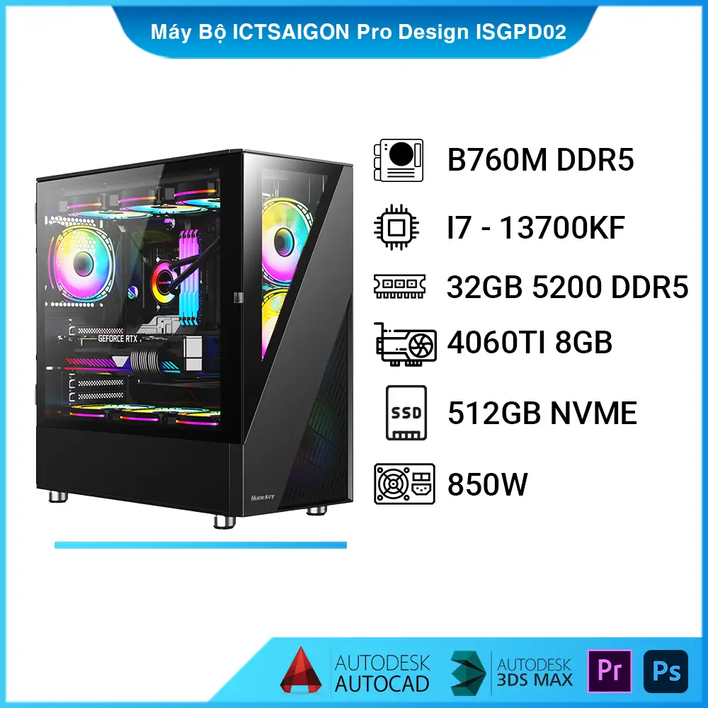 Máy Bộ Vi Tính ICTSAIGON Pro Design Core I7 13700Kf, Ram 32GB, SSD 512GB, VGA 8GB