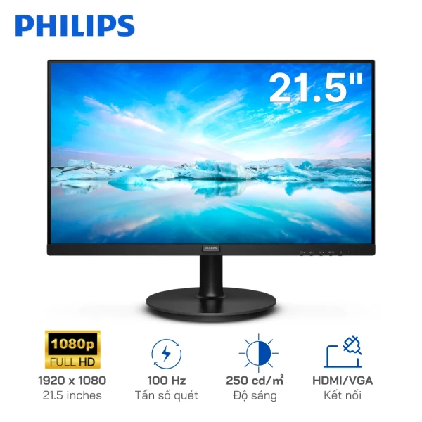 Màn hình Văn Phòng Philips 221V8LB 21.5" FHD (1920x1080), 100Hz, Cổng kết nối: HDMI-VGA, độ sáng 250 cd/m²