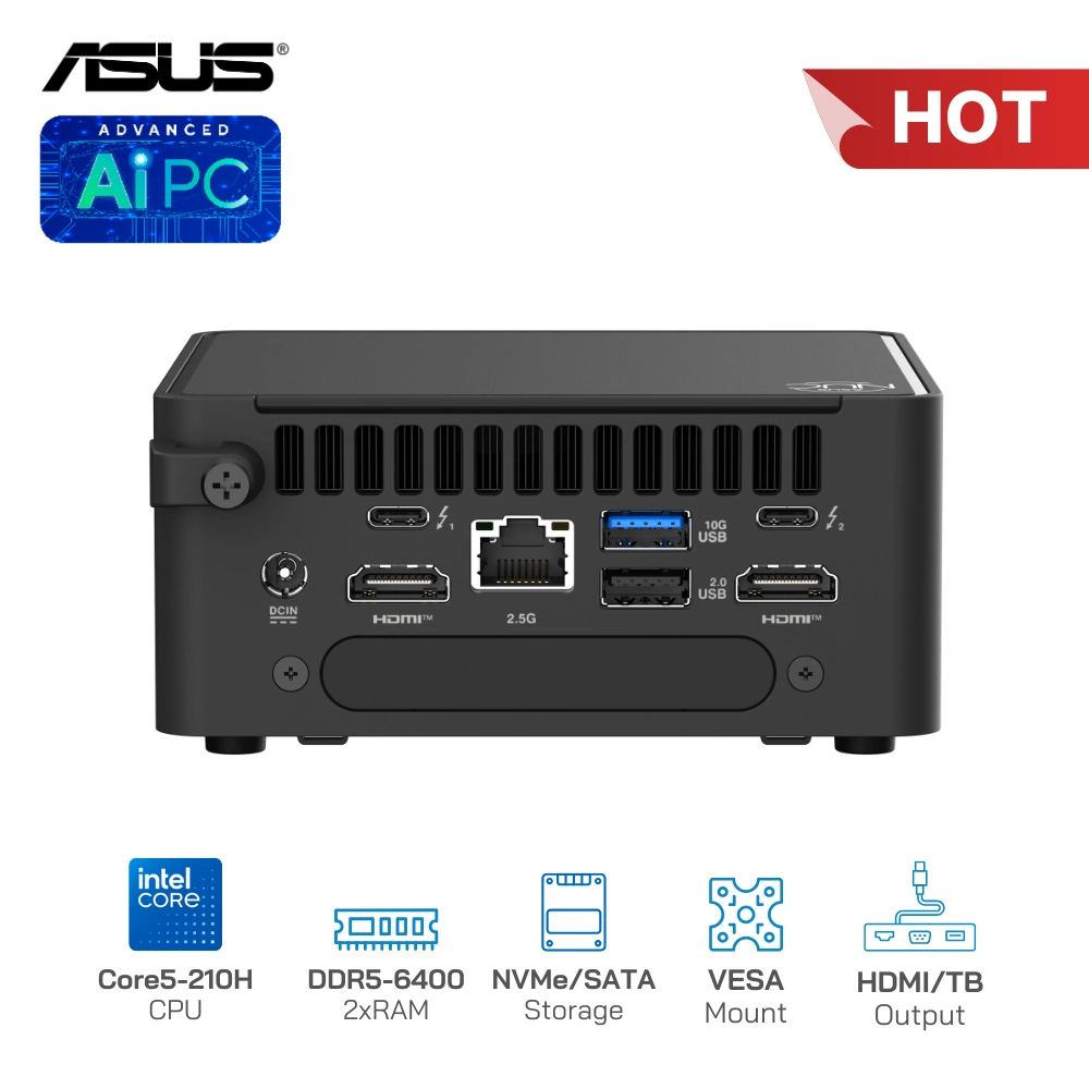 Asus NUC 15 Pro Tall RNUC15CRHC500000I Core5-210H/RAM DDR5-6400/SSD NVMe/Xuất hình: HDMI/Thunderbolt