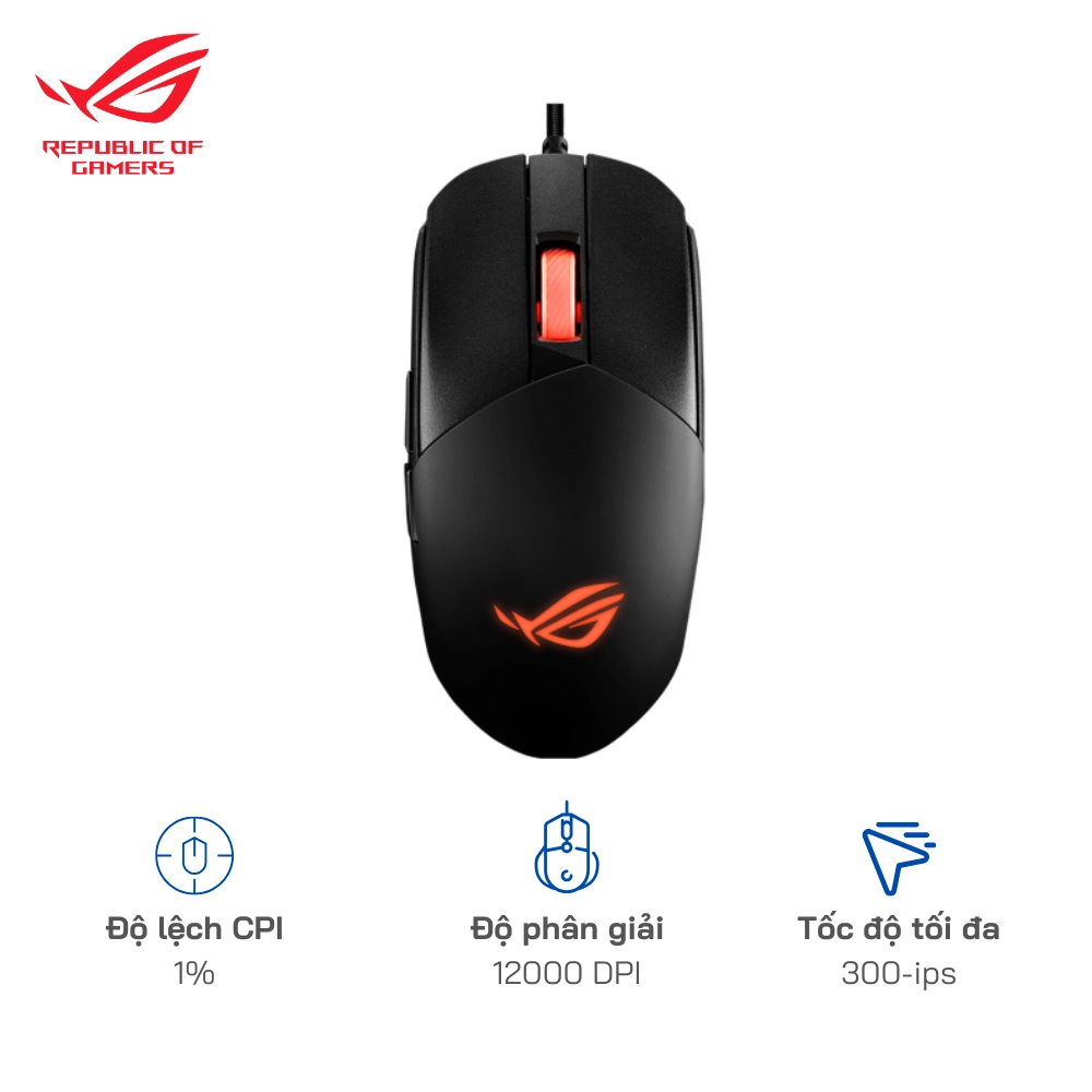 Chuột gaming RGB ROG Strix Impact III Kết nối USB 2.0 / Độ phân giải 12000 DPI / Độ lệch 1%