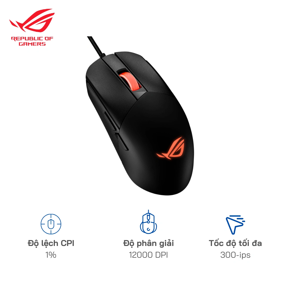 Chuột gaming RGB ROG Strix Impact III Kết nối USB 2.0 / Độ phân giải 12000 DPI / Độ lệch 1%