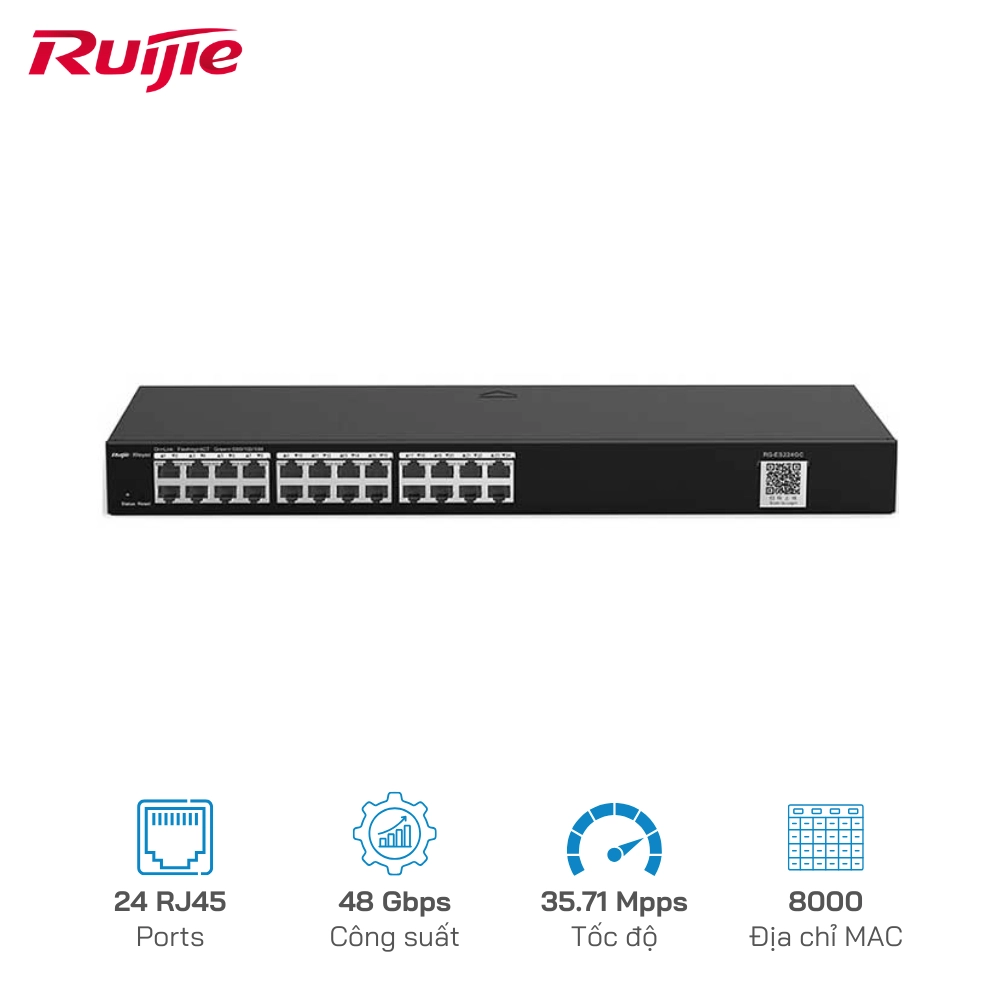 Switch RUIJIE Reyee RG-ES224GC 24 cổng Gigabit RJ45 / Công suất 48 Gbps / Tốc độ 35,71 Mpps