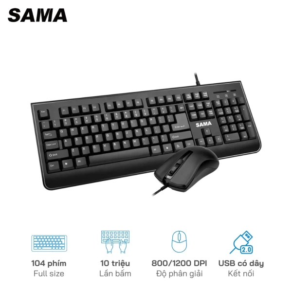 Bàn phím + Chuột Sama MK160, Kết nối USB, màu đen, chống nước, Dây cáp 1,5m