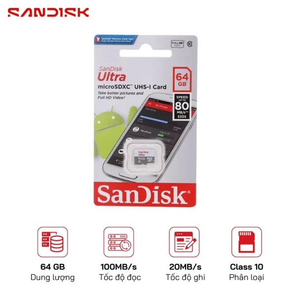 Thẻ nhớ Micro Sandisk Ultra 64GB 100MB/s SDSQQNR-064G-GN6MN