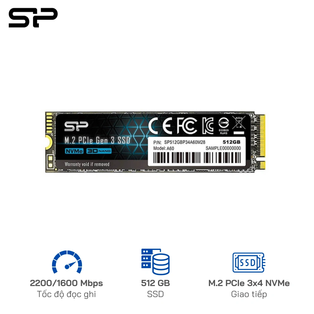 Ổ cứng Silicon Power M.2 2280 PCIe SSD A60 512GB (Tốc độ đọc\ghi: 1800 MB/s - 600 MB/s)