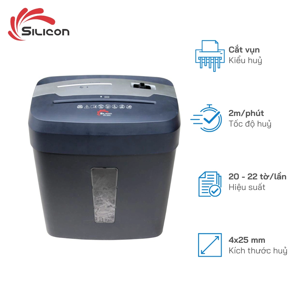 Máy hủy tài liệu Silicon PS-200C Giá Rẻ | Huỷ vụn 10 tờ/lần Tốc độ 2m/phút
