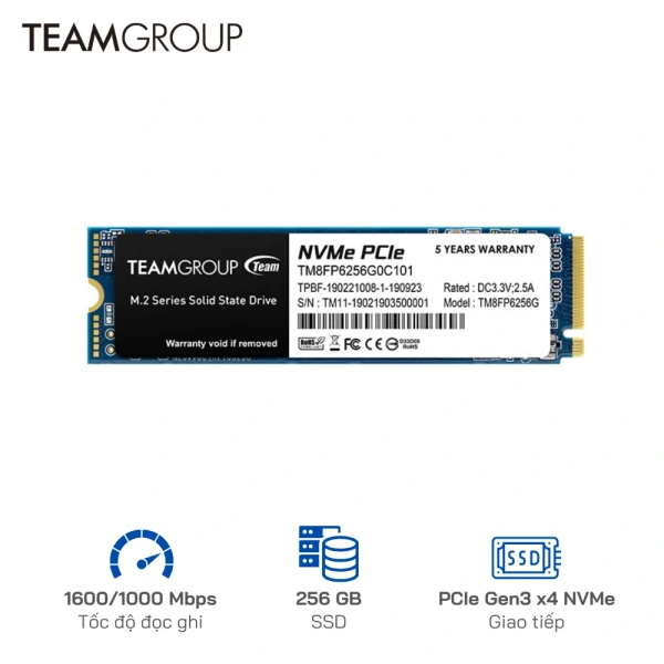 Ổ cứng SSD TeamGroup 256G MP33 M.2 PCIe Gen3x4 - Tốc độ 1,600/1,000 MB/s
