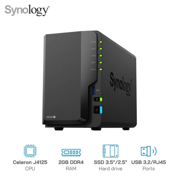 Thiết bị lưu trữ mạng NAS Synology DS224+ - Ram 2GB, 2 Khay Ổ Cứng, 30 User