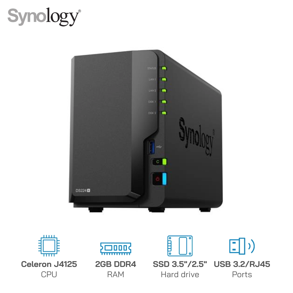 Thiết bị lưu trữ mạng NAS Synology DS224+ - Ram 2GB, 2 Khay Ổ Cứng, 30 User