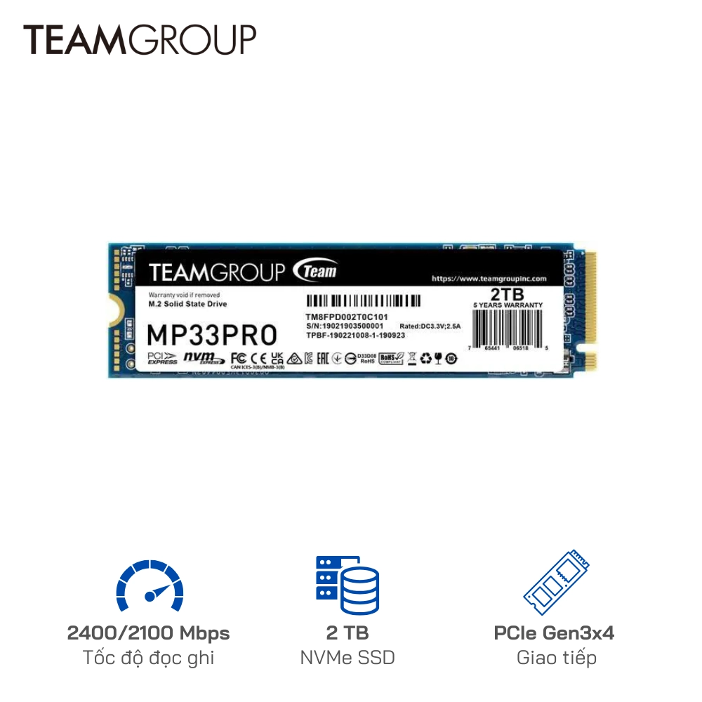Ổ cứng SSD TeamGroup 2TB MP33 Pro PCIe Gen3 x 4 (2400 MB/s - 2100 MB/s)