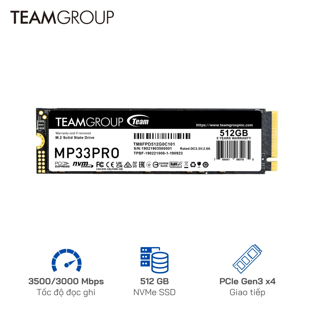 Ổ cứng SSD TeamGroup 512G MP33 Pro PCIe Gen3 x 4 (3500 MB/s - 3000 MB/s)