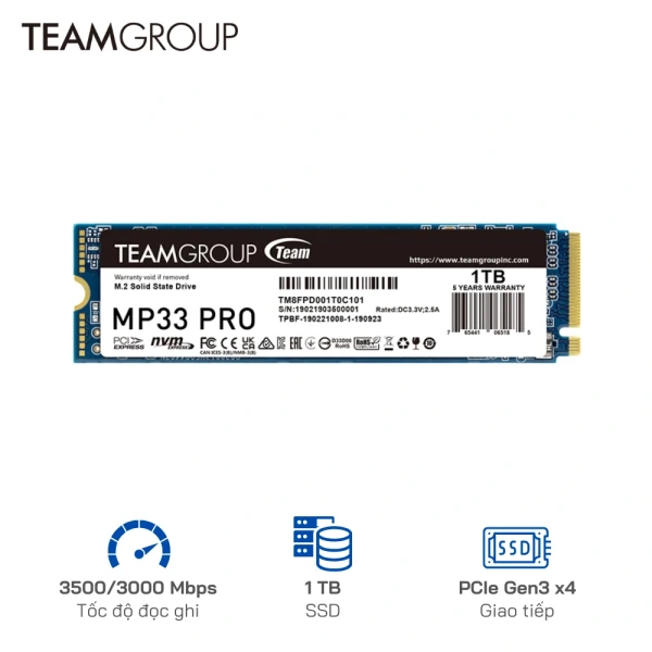 Ổ cứng SSD TeamGroup 1TB MP33 Pro PCIe Gen3 x 4 (3,500 MB/s - 3000 MB/s)