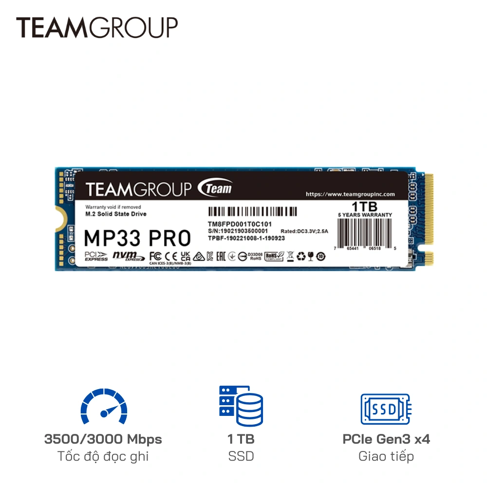 Ổ cứng SSD TeamGroup 1TB MP33 Pro PCIe Gen3 x 4 (3,500 MB/s - 3000 MB/s)