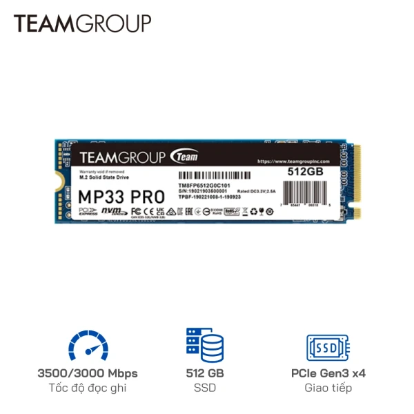 Ổ cứng SSD TeamGroup 512G MP33 Pro PCIe Gen3 x 4 (3500 MB/s - 3000 MB/s)