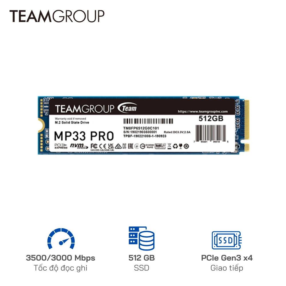 Ổ cứng SSD TeamGroup 512G MP33 Pro PCIe Gen3 x 4 (3500 MB/s - 3000 MB/s)