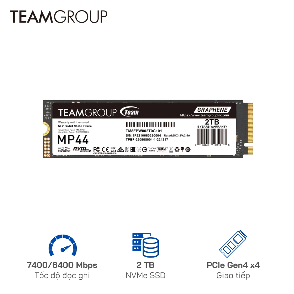 Ổ cứng SSD TeamGroup 2TB MP44 PCIe Gen4 x 4 NVME - Tốc độ 7000/6400 MB