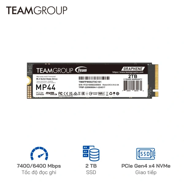 Ổ cứng SSD TeamGroup 2TB MP44  PCIe Gen4 x 4 NVME - Tốc độ 7000/6400 MB