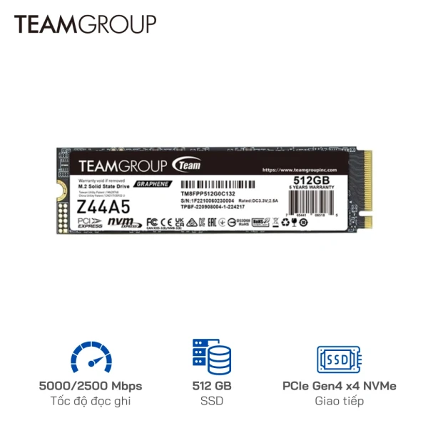 Ổ cứng SSD TeamGroup 512GB Z44A5  PCIe Gen4 x 4 - Tốc độ 5000/2500 MB/s