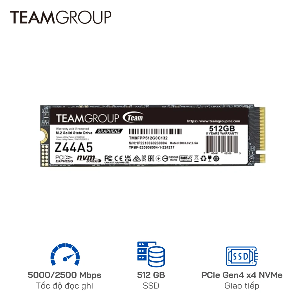 Ổ cứng SSD TeamGroup 512GB Z44A5  PCIe Gen4 x 4 - Tốc độ 5000/2500 MB/s