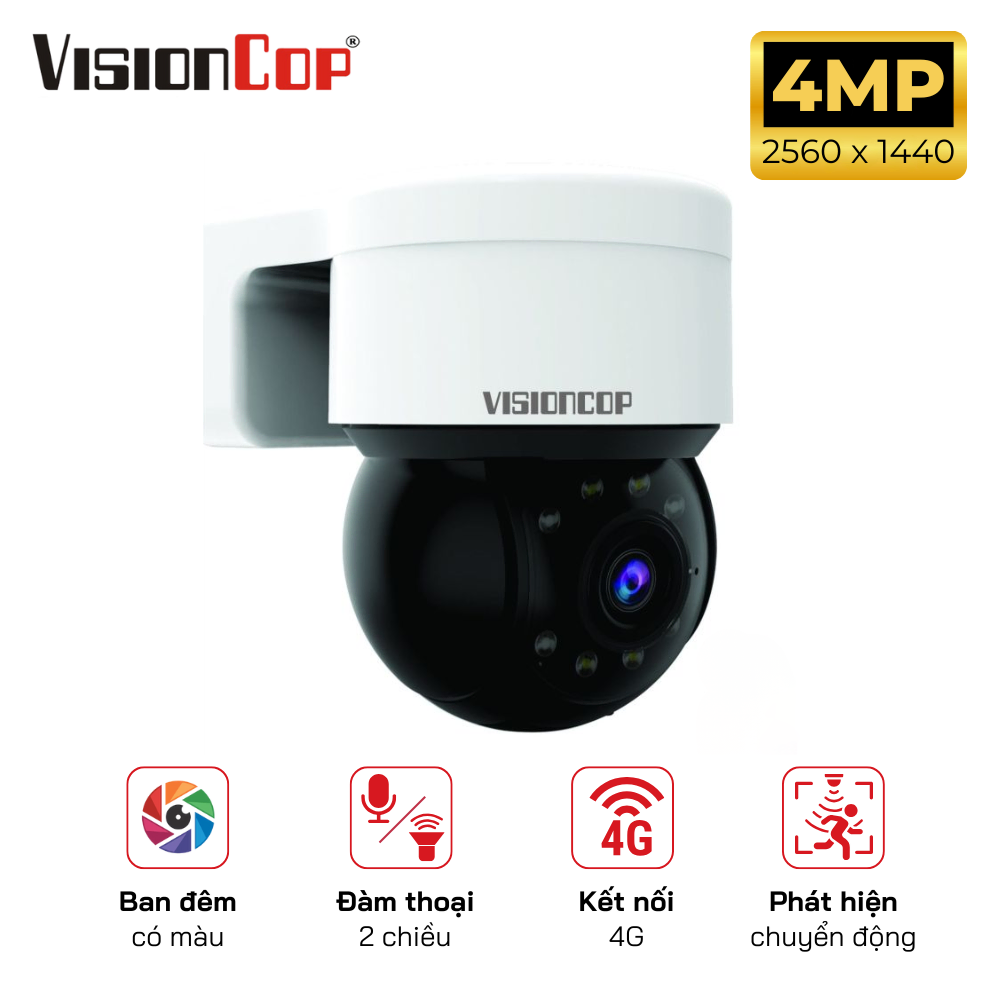 Camera IP 4G AI VisionCop VSC-IP00408RA-SLG 4.0 MP, nhìn ban đêm có màu, đàm thoại 2 chiều
