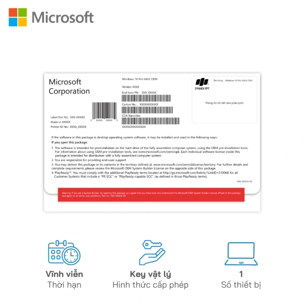 Phần Mềm Windows 10 Pro 64bit OEM (FQC-08929) (FPT)