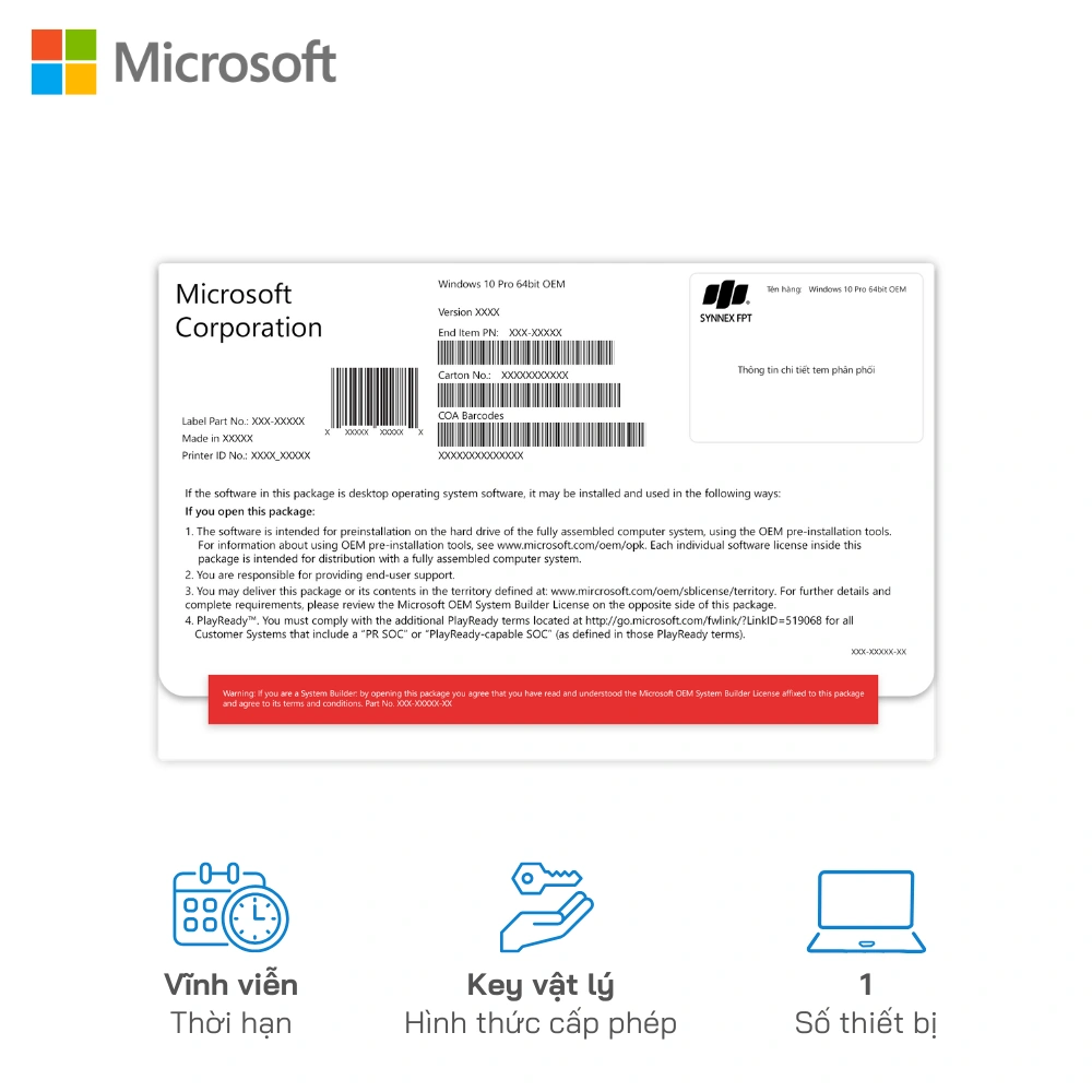 Phần Mềm Windows 10 Pro 64bit OEM (FQC-08929) (FPT)