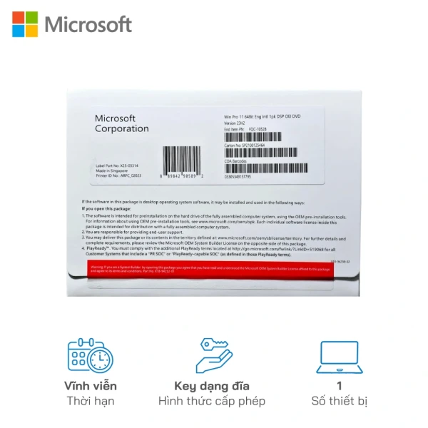 Phần mềm Microsoft Windows 11 Pro 64-bit Eng Intl 1pk DSP OEI DVD FQC-10528